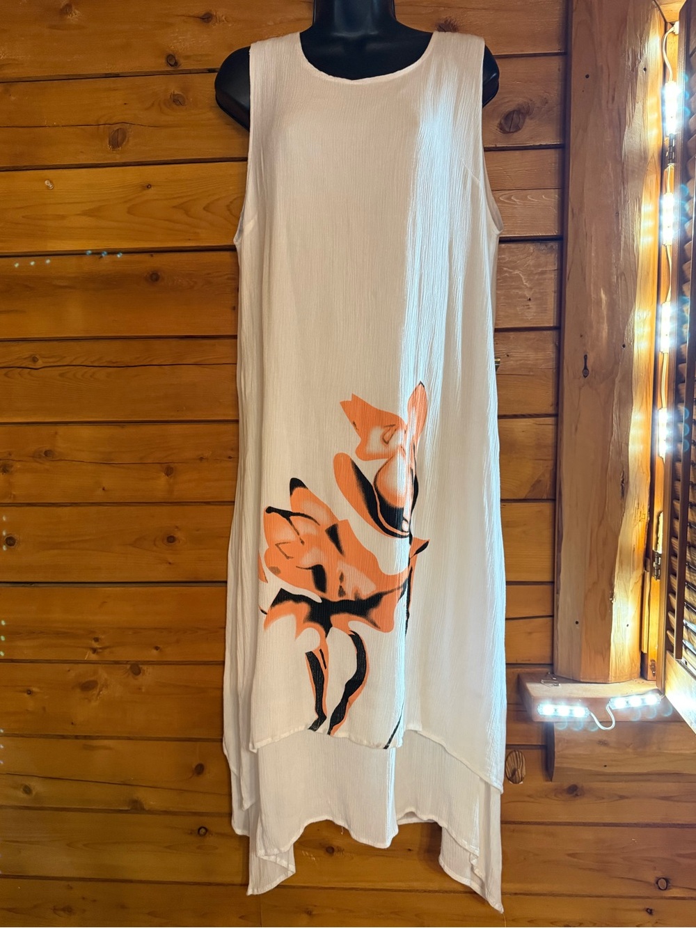 Lagenlook Crinkle Gauze Layered Dress White Peach Abstract Floral Asymmetric